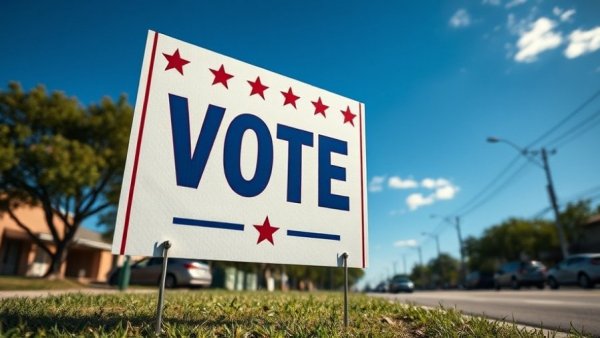 Voting sign in Texas on a sunny day with clear sky.