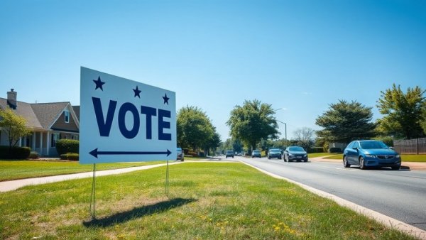 Vote sign by road in suburban area under blue sky, transgender rights news.