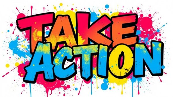 Colorful 'Take Action' protest graffiti, vibrant and dynamic