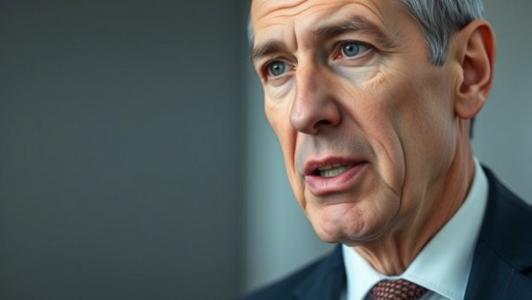 Middle-aged man in suit speaking candidly with expressive features, Trump lies about Iran war.