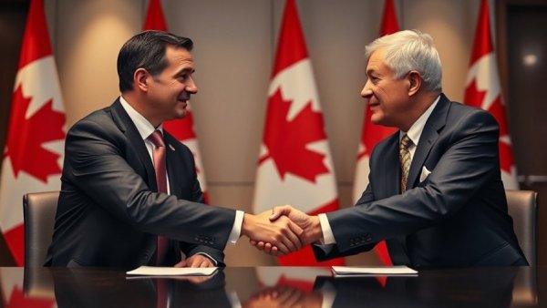 Canadian politicians shaking hands at a table with flags in background.