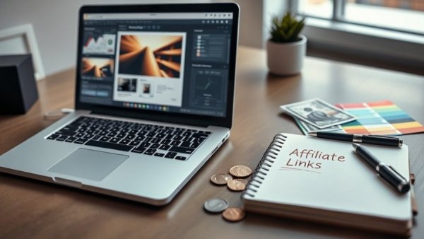Laptop with Envato graphic templates and affiliate guide.