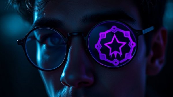 Futuristic logo overlay on a person's glasses, logo concepts for startups.