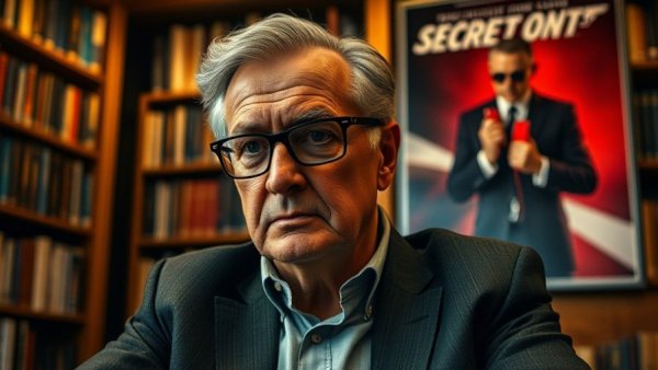 Kleber Mendonça Filho film Oscar nomination, older man with glasses on left, secret agent poster on right.