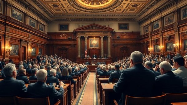 Illustration of Congress voting on Iran war policy in chamber.