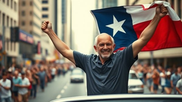 Older man holding Texas flag standing on a vehicle, urban setting.