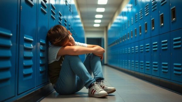 Teen sitting against lockers, representing LGBTQ rights lawsuits.