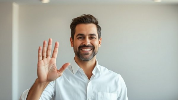 Smiling man waving warmly, representing LGBTQ in casual setting.