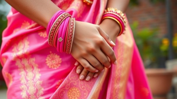 Close-up of traditional pink attire and bracelets symbolizing trans rights advocacy.