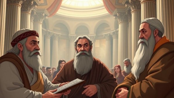 Illustration of ancient scholars in discussion, suggesting historical context.