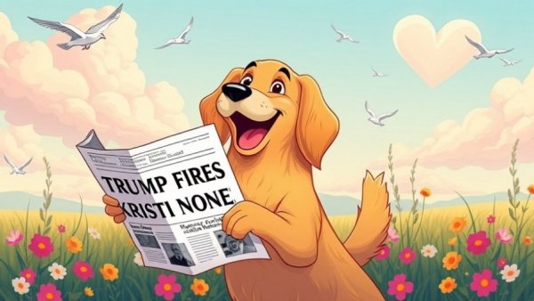 Animated dog with newspaper headline on Kristi Noem departure in dreamy meadow.