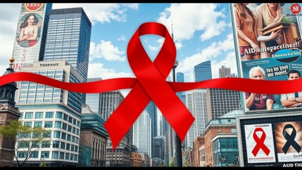 Collage including Toronto cityscape with AIDS awareness symbols, highlighting AIDS Committee of Toronto closure.