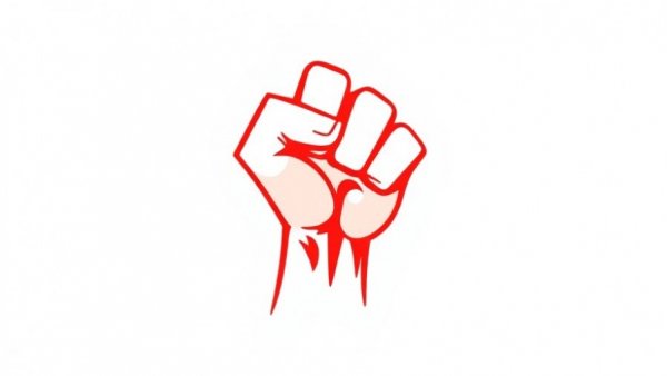 Red stylized fist symbol against white, Trump's War in Iran
