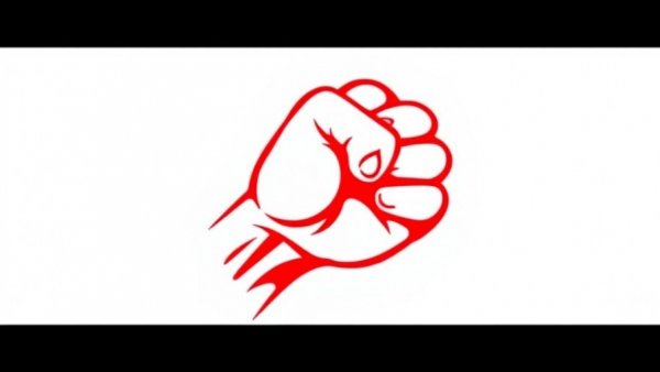 Bold red fist symbolizing power on white background.