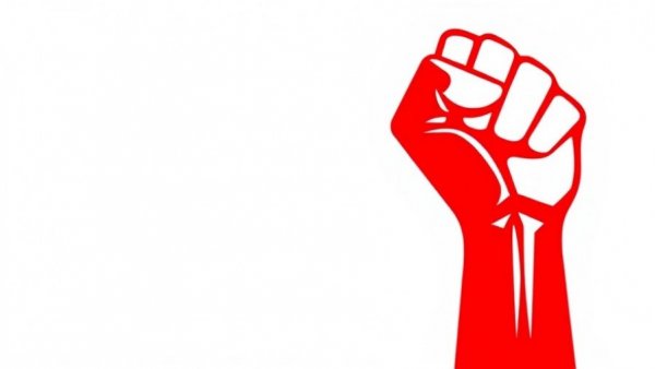 Bold red fist symbol on white background representing resistance.