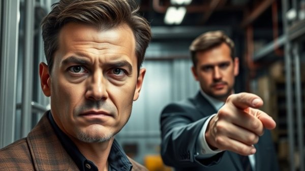 Serious man and assertive pointing man in industrial setting.