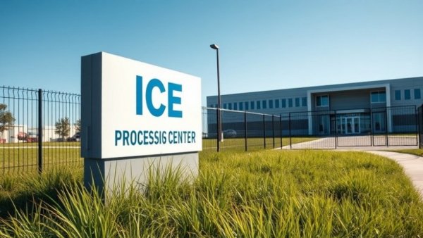 Aurora ICE Processing Center sign under clear blue sky.