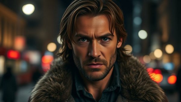 Leon S. Kennedy, intense expression in cityscape at night.