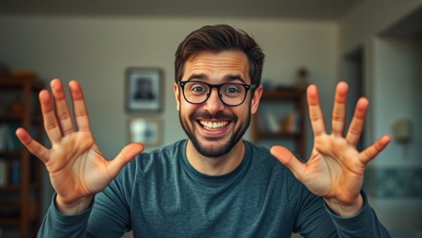 Smiling man gesturing playfully in a home setting, internet search theme.
