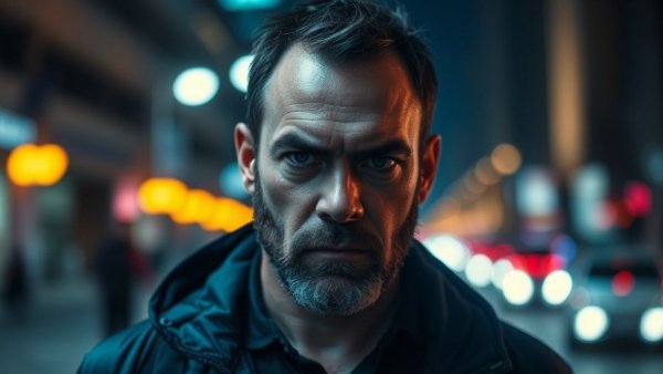 Queer Culture and Representation in Gaming - Intense man in moody city night scene.