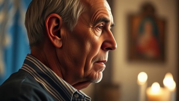 Thoughtful elderly man pondering, blurred blue background, Trump's Economy.