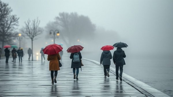 People with umbrellas walking in foggy Ontario, highlighting heavy rainfall flooding risk.