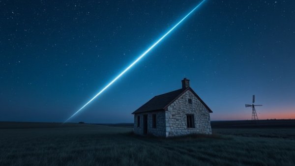 Canada satellite sovereignty: Stone house under starry sky with satellite trail.