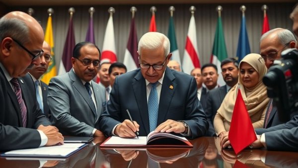 Prominent figure signing document surrounded by leaders at conference.