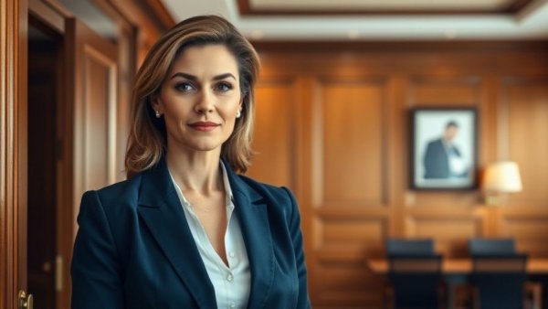 Business professional entering conference room, confident expression, Kari Lake Voice of America ruling.