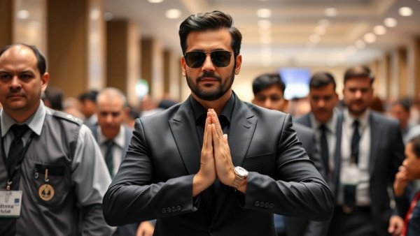 Nepali parliamentary election 2026 candidate with security detail indoors.