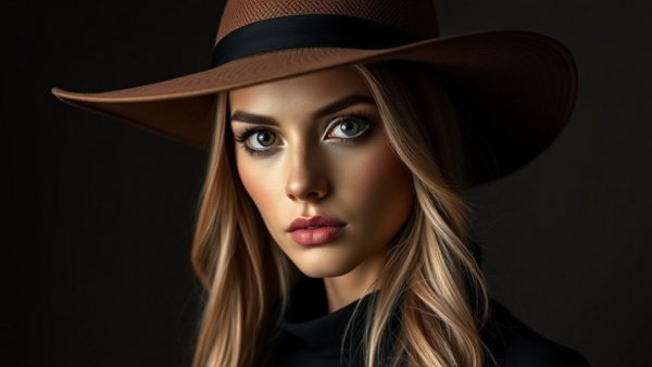 Stylish woman in a hat with long blonde hair, looking serious.