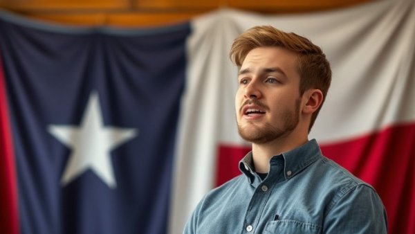 Confident young man speaking by Texas flag, Democrats chance to win Texas US Senate seat.