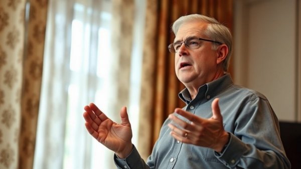 Confident man speaking against anti-trans attacks, expressive gesture, indoors.