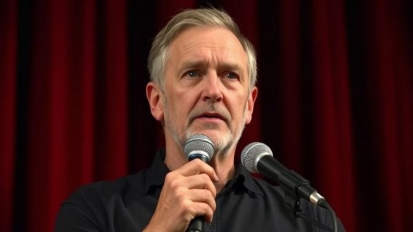 Middle-aged man speaking on stage about anti-trans rhetoric politics.