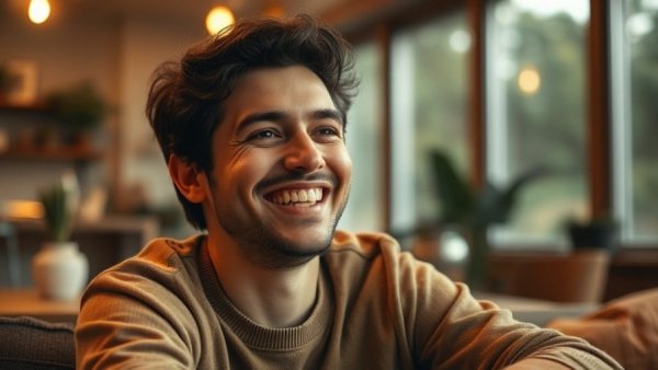 Joyful person smiling indoors, LGBTQ representation at the Oscars.