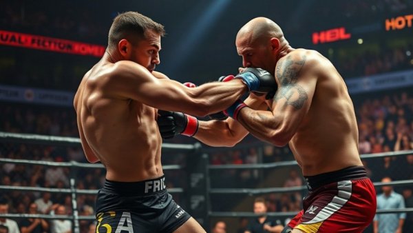 MMA fight scene with spectators observing closely.