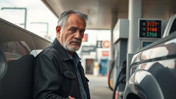 Man refueling truck as gas prices surge at gas station.