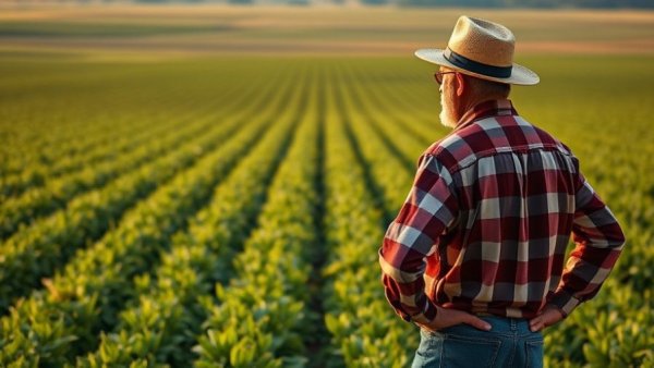Farmer in field at sunset reflecting on costs.