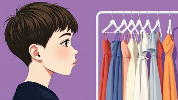 Collage of a boy looking at dresses on a rack, purple background.