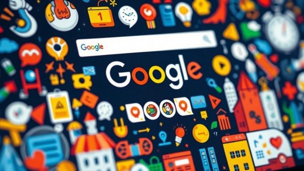 Illustration of Google search interface surrounded by educational icons.