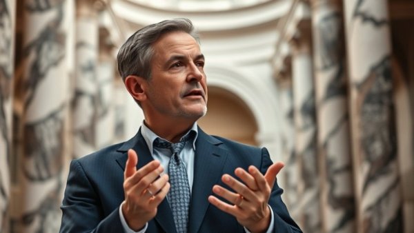 Iran War Consequences discussion by a professional in a marble-columned setting.