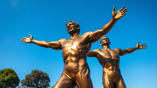 Bronze statue of two men with outstretched arms under a blue sky.
