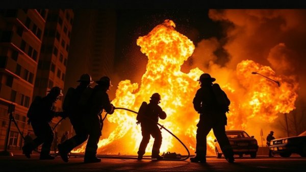 Firefighters silhouetted against blaze in LGBTQ+ nightclub fire investigation.