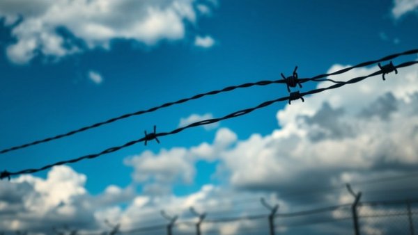 Barbed wire silhouette against a blue sky, symbolizing freedom.