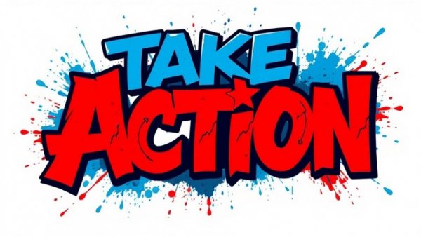 Protest against ICE with 'Take Action' graffiti design.