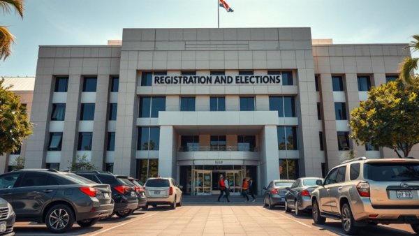 Trump War Tactics Electoral Democracy: Elections office entrance with vehicles and people.