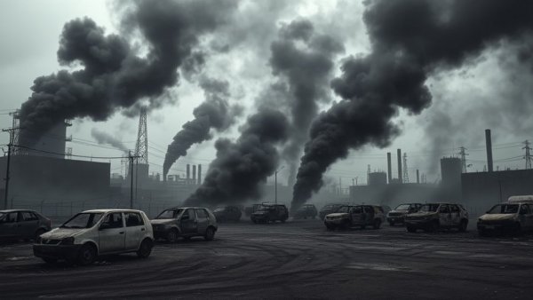 Black smoke from burnt vehicles in industrial area, oil crisis