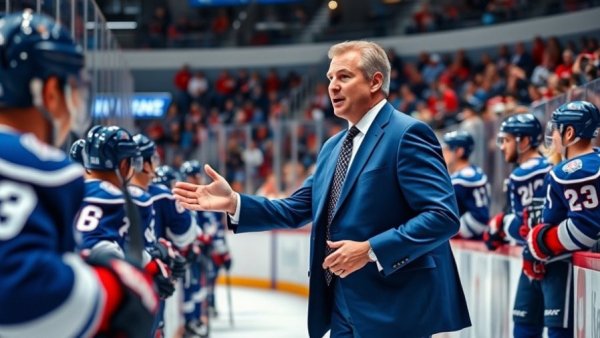 NHL coach in blue suit passionately engaging with players on sidelines.