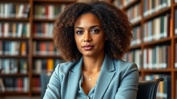 Professional woman sitting in a library next to 'Killers of Roe' book.