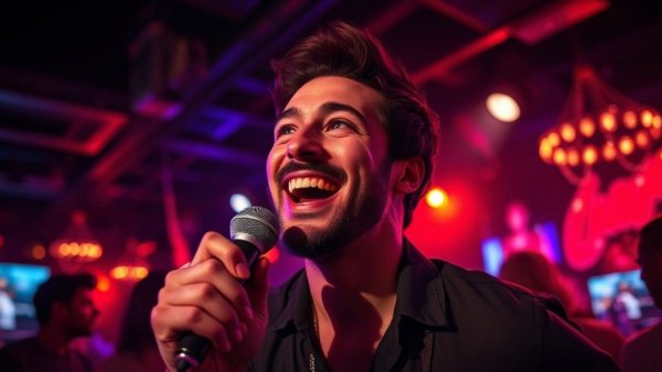 Energetic performer holding a microphone in dimly lit nightclub, Monti Rock III LGBTQ+ legacy.